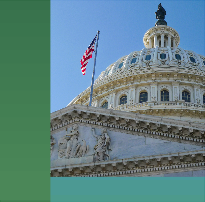 photo of the United States capitol building where the viewer is looking up at the east front facade towards the Rotunda.