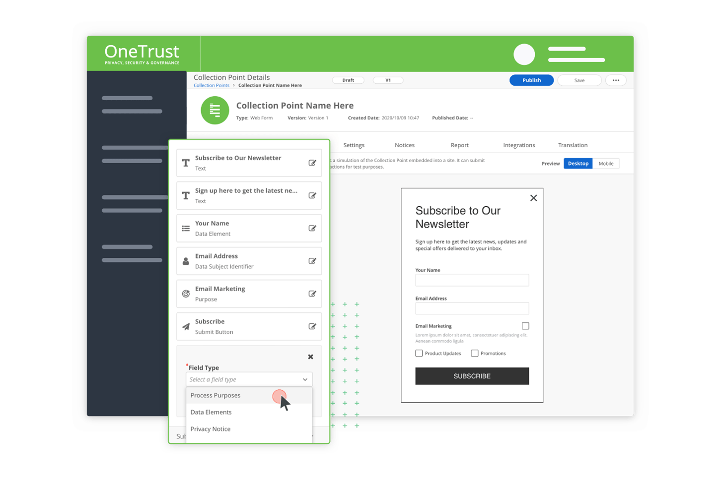 Screenshot of the onetrust platform collection point details screen