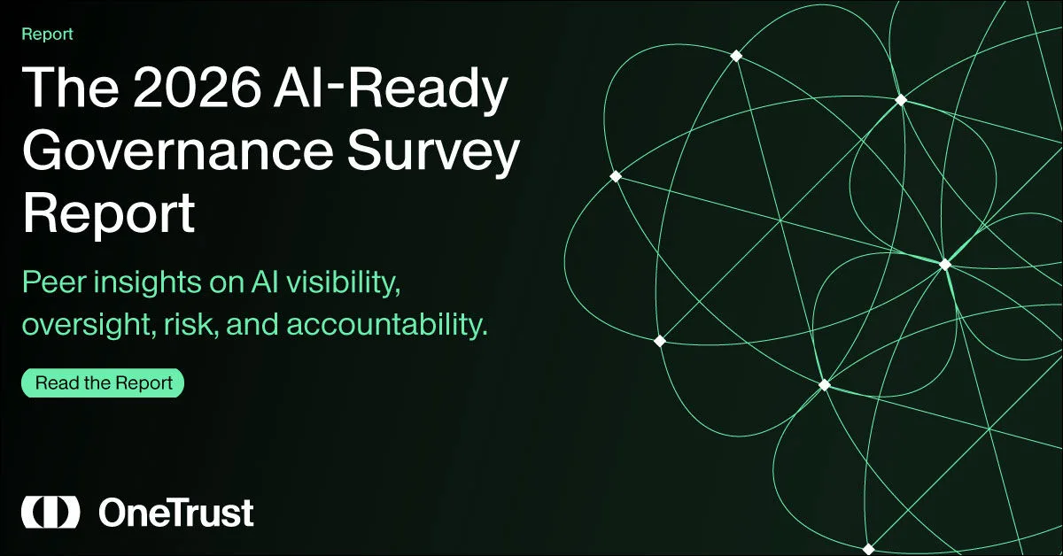 OneTrust AI governance report cover with a dark green wire-frame background, OneTrust logo, and headline: “The AI Governance Gap Is Now an Operating Risk.”